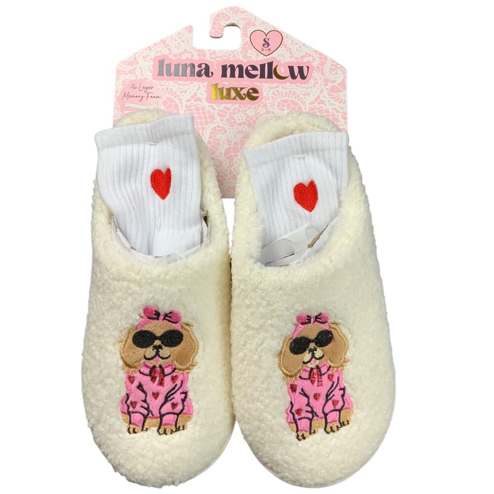 Luna Mellow Luxe Womens Slippers S 5/6 Dog Pink Memory Foam + Heart Socks NWT
